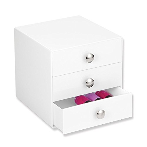 iDesign Organizador de maquillaje con 3 cajones, compacta minicómoda de plástico, mini cajonera cuadrada para productos de belleza y cosméticos, blanco