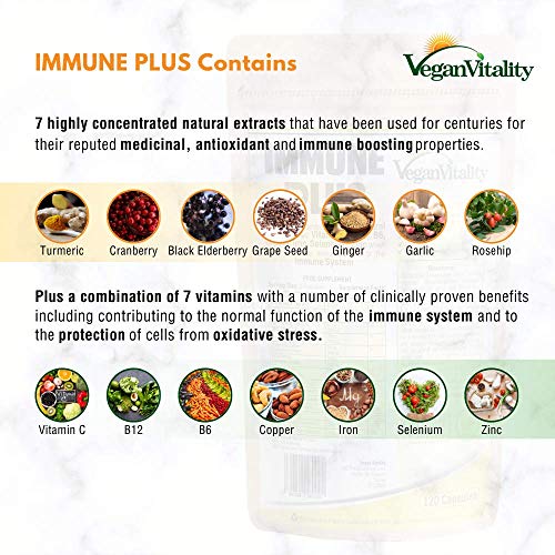 Immune Plus - Vitaminas Defensas - Mejora el Sistema Inmunitario con 14 Vitaminas y Extractos Naturales, Vitamina C, Zinc, Cúrcuma, Selenio, Jengibre, Arándano, Saúco, Ajo, Vitamina B12 y Vitamina B6