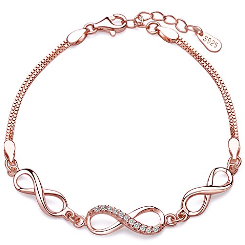 Infinito U - Pulsera Símbolo del Infinito para Mujer de Plata de Ley 925 con Diamante, Oro Rosa