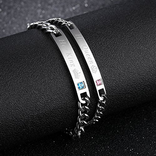 JewelryWe 2pcs Pulseras de Parejas Enamorados His Queen Her King, Circonitas Pulseras Negra Oro Rosa Hombre Mujer Acero Inoxidable, Regalo de San Valentín/Navidad (Plateado)