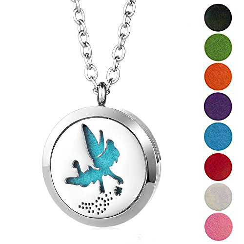 joymiao Aromaterapia Difusor de Aceite Esencial Locket Collar Hipoalergénico 316L Quirúrgico Grado Joyas de Acero Inoxidable 24"Cadena con 8 Felt Pads de Color (Angel)