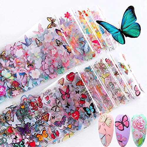 Kalolary 10 Farbe Papel Nail Foil Transfer Nails Glitter Set Papel Transferencia Foil Flor de Mariposa Uñas Holográfico Nail Stickers para DIY Arte de Uñas