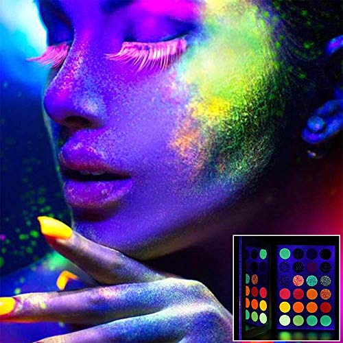 Kalolary Paleta de sombras de ojos luminosas de neón de 24 colores, Sombra de ojos mate y brillante UV Glow Blacklight que brilla en la oscuridad, Con 20 almohadillas de gel de sombra de ojos