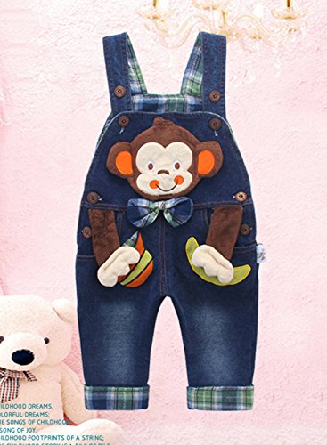 Kidscool Baby Cotton 3D Cartoon Monkey Botones Pocket Denim Overol Azul, 6-12 Meses