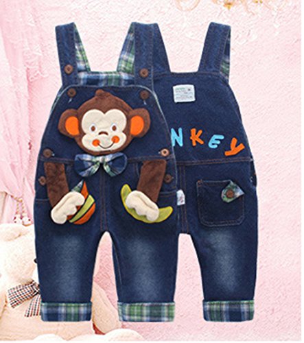 Kidscool Baby Cotton 3D Cartoon Monkey Botones Pocket Denim Overol Azul, 6-12 Meses