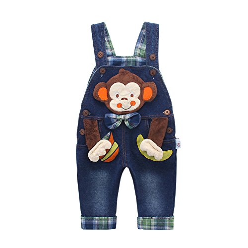 Kidscool Baby Cotton 3D Cartoon Monkey Botones Pocket Denim Overol Azul, 6-12 Meses