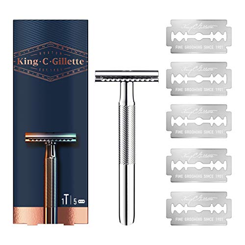 King C Gillette - Máquina De Afeitar De Doble Filo Para Hombre + 6 Recambios Con Las Mejores Hojas De Doble Filo De Gillette Con Revestimiento De Platino