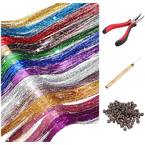 Kit de Hebras de Oropel de Pelo, Extensiones de Cabello de Oropel Brillantes para Mujers Chicas con Herramientas (12 Colores+Marrón Oscuro Cuentas de Anillos de Enlace de Silicona, 2400 Hebras)