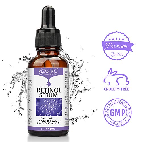 kizenka Suero de retinol con ácido hialurónico y vitamina C, suero facial antiarrugas antiarrugas, formulado para reducir las arrugas, atenuar las manchas oscuras y tratar debajo, 30 ml