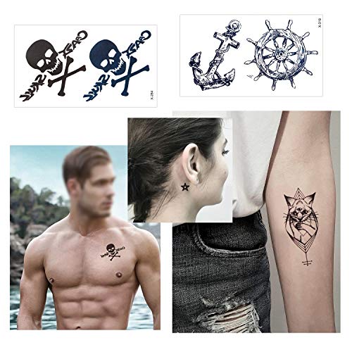 Konsait Tatuajes temporales para adultos Mujer hombre (30 hojas), impermeable Tatuaje Temporal Adhesivos Negro Tatuajes de cuerpo art, Dragón Ancla Escorpión Lobo Gráfico Alce