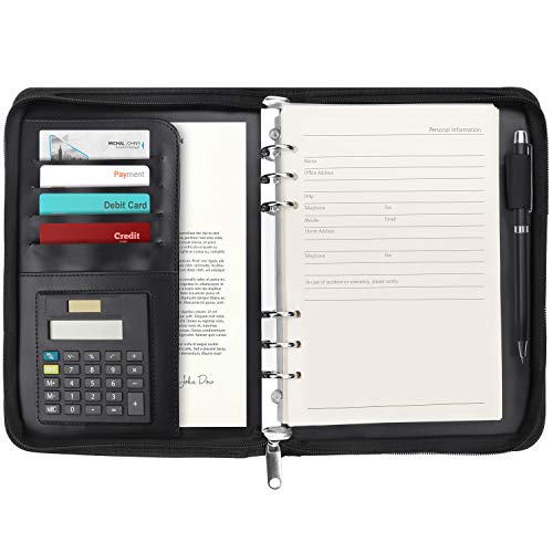 Kurtzy Agenda A5 con Cremallera - Padfolio Organizador Trabajo/Personal Negro Carpeta Portadocumentos Negocios, Viajes - Agenda Anillas con Calculadora, Bloc Notas Rellenable y Porta bolígrafo