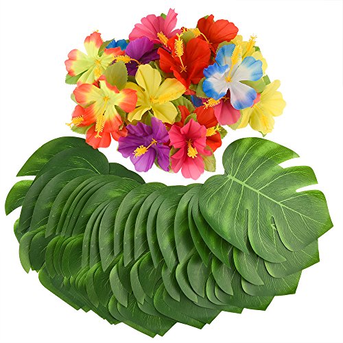 Kuuqa 60 piezas decoraciones de fiesta tropical Hojas de palmera tropical de 8 "Flores de monstera e hibisco, hojas de simulación para la fiesta hawaiana Luau Jungle Beach con tema.