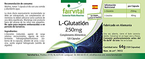 L-Glutatión 250mg - Reducido - VEGANO - 120 Cápsulas - Suministro para 4 meses - Calidad Alemana