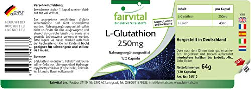 L-Glutatión 250mg - Reducido - VEGANO - 120 Cápsulas - Suministro para 4 meses - Calidad Alemana