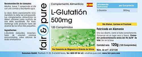 L-Glutatión 500mg - Glutation reducido - Biodisponible - Vegano - Alta pureza - 120 Comprimidos