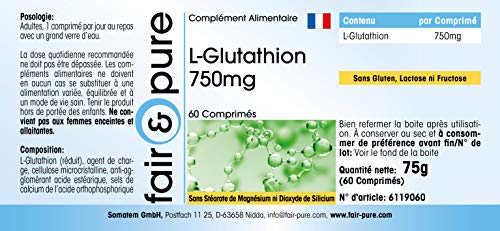 L - Glutatión 750mg - Glutation reducido - Biodisponible - Vegano - Alta pureza - 60 Comprimidos