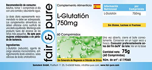 L - Glutatión 750mg - Glutation reducido - Biodisponible - Vegano - Alta pureza - 60 Comprimidos