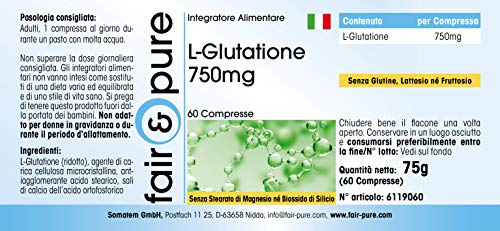 L - Glutatión 750mg - Glutation reducido - Biodisponible - Vegano - Alta pureza - 60 Comprimidos