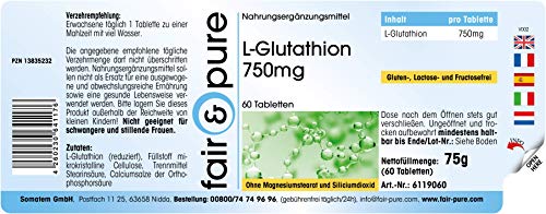 L - Glutatión 750mg - Glutation reducido - Biodisponible - Vegano - Alta pureza - 60 Comprimidos