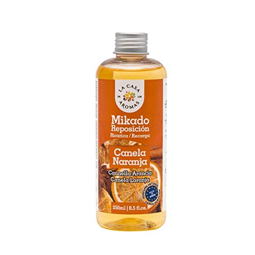 La Casa de los Aromas, Set de 6 x 250ml Ambientadores Mikado Canela Naranja para Reposición con Varillas, Difusor Líquido de Aroma Canela Naranja, Perfume Duradero para el Hogar, Baño, Casa