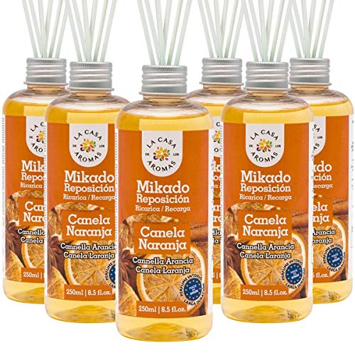 La Casa de los Aromas, Set de 6 x 250ml Ambientadores Mikado Canela Naranja para Reposición con Varillas, Difusor Líquido de Aroma Canela Naranja, Perfume Duradero para el Hogar, Baño, Casa