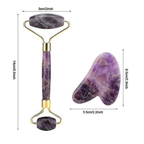 Leinggg Masaje de la Herramienta Kit-Jade Natural Grupo de Rodillos de Amatista Cabeza del Doble de la Piedra del Jade del Rodillo y el desguace de Guasha Placa Frontal Kit de Herramientas de Masaje