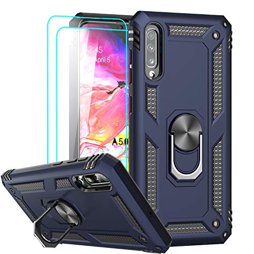 LeYi Funda Samsung Galaxy A70 con [2-Unidades] Cristal Vidrio Templado,Armor Carcasa con 360 Grados Anillo iman Soporte Hard PC y Silicona TPU Bumper Antigolpes Case para Movil A70,Azul