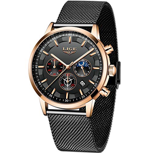 LIGE La Moda Relojes Hombre Negocios Impermeable Cuarzo simulado Reloj Fase Lunar Negro Acero Inoxidable Cinturón de Malla Relojes de Pulsera