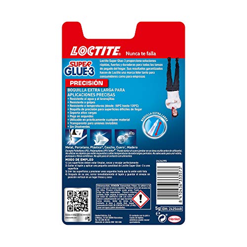 Loctite Super Glue-3 Precisión, pegamento transparente de máxima precisión, pegamento instantáneo triple resistente, adhesivo universal con goteo fácil de regular, 1x5 g