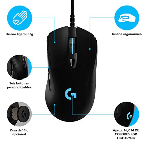 Logitech G403 Lightspeed Ratón Gaming, Captor HERO 16.000 DPI, Pesos Ajustables, 6 Botones Programables, Memoría Integrada, Compatible con PC/Mac, Negro