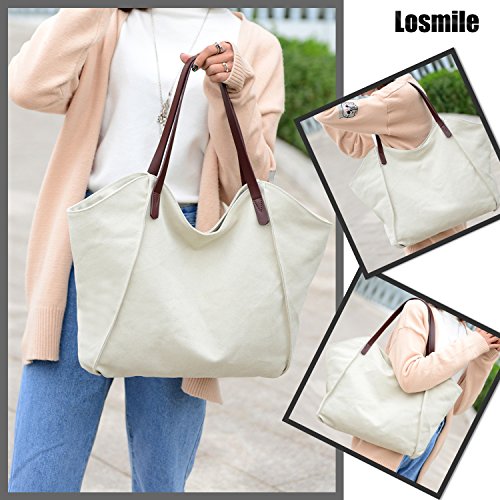 LOSMILE Mujer Bolsos de mano lona bolsos de hombro Bolsos totes Bolsos bandolera Shoppers Bolsa de playa. (Beige)