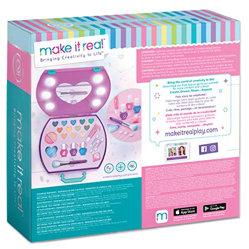 Make It Real - Light-Up Cosmetic Kit - Kids Makeup Case with Mirror and Lights for Girls and Tweens - Includes Eyeshadow, Nail Polish, Blush, Lip Gloss, Nail File, Makeup Brushes