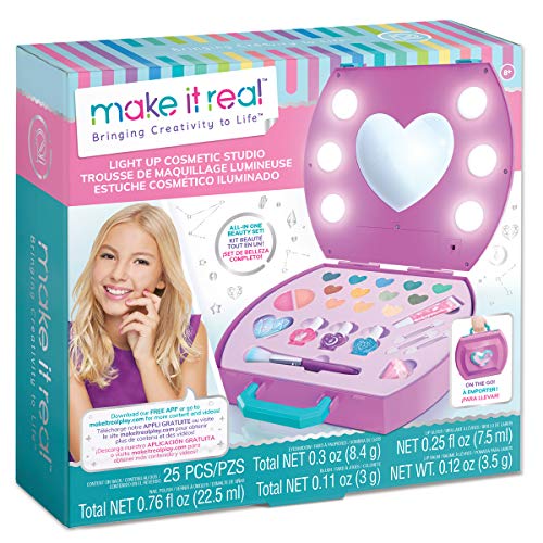 Make It Real - Light-Up Cosmetic Kit - Kids Makeup Case with Mirror and Lights for Girls and Tweens - Includes Eyeshadow, Nail Polish, Blush, Lip Gloss, Nail File, Makeup Brushes