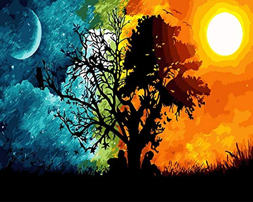 MILEADER Pintar por Numeros DIY Pintura al óleo Kit para Adultos Principiantes con Pinceles y Pinturas - 16 * 20 Pulgadas Sin Marco (Árbol del Sol y la Luna)