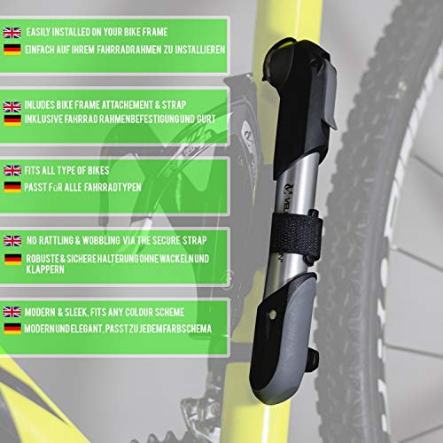 Mini bomba de bicicleta VeloChampion Alloy 7 - Se adapta a Presta & Schrader (válvula reversible) con una presión máxima de 100 PSI / 6.9 bar - Portátil, compacto, duradero y rápido y fácil de usar (Bomba)