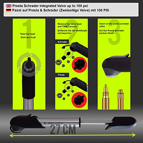 Mini bomba de bicicleta VeloChampion Alloy 7 - Se adapta a Presta & Schrader (válvula reversible) con una presión máxima de 100 PSI / 6.9 bar - Portátil, compacto, duradero y rápido y fácil de usar (Bomba)