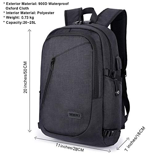 Mochila antirrobo Impermeable, WAWJ Mochila para portátil Multiusos Daypacks con Puerto de Carga USB (Negro)