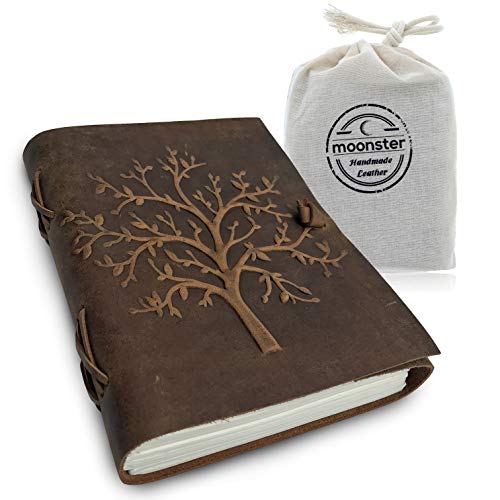 Moonster Cuaderno de Cuero Árbol de la Vida – Diario de Escritura Hecho a Mano – Bloc de Notas para Hombre y Mujer - Papel Blanco Liso 20x15 cm - El Regalo Perfecto para Dibujantes – Diario de Cuero