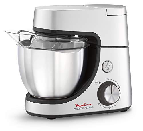 Moulinex Masterchef Gourmet QA530D - Robot Amasador 1100 W, Bol de Acero Inoxidable 4.6 L, para batir, emulsionar y amasar, 8 velocidades, Kit de pastelería + accesorios silicona y libro de recetas