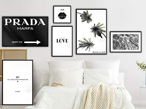 murando Poster Conjunto de 6 Carteles Colección de Posters con Marco Negro Cuadro Impresos Póster con Motivos Artísticos Galería de Pared Enmarcado Love Fashion Prada Palmeras Chill Relax