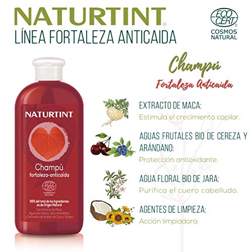 Naturtint Eco Champú de Maca Fortaleza Anticaída - Limpia, Fortalece y aporta Densidad | Frena caída y Aumenta el Brillo Capilar | Sin Sulfatos SLES, SLS ni Parabenos | 99% Ingr. Naturales - 330ml