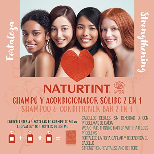 Naturtint Fortaleza 2 en 1 | Champú Sólido + Acondicionador Ecológico. Regenera y Protege | Cabello Débil, Sin Volumen o Caída | Sin SLS, sostenible | 75ml. 99% Ingredientes Naturales. ECOCERT