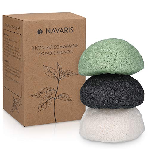 Navaris Set de 3x esponja de limpieza facial Konjac - Esponjas exfoliantes para todo tipo de piel - 100% natural vegana biodegradable y reutilizable