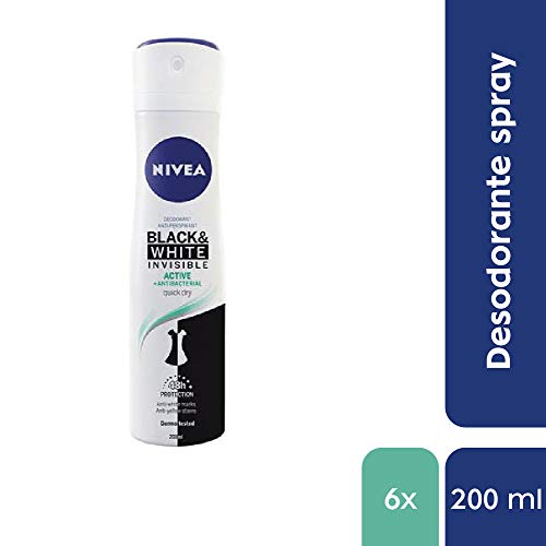 NIVEA Black & White Invisible Active Spray en pack de 6 (6 x 200 ml), desodorante antimanchas de cuidado femenino, desodorante invisible para proteger la piel y la ropa