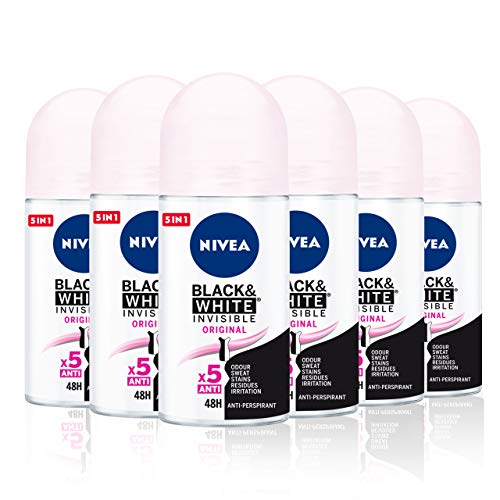 NIVEA Black & White Invisible Original Roll-on en pack de 6 (6 x 50 ml), antitranspirante para una piel suave con fragancia, desodorante roll on para proteger la ropa