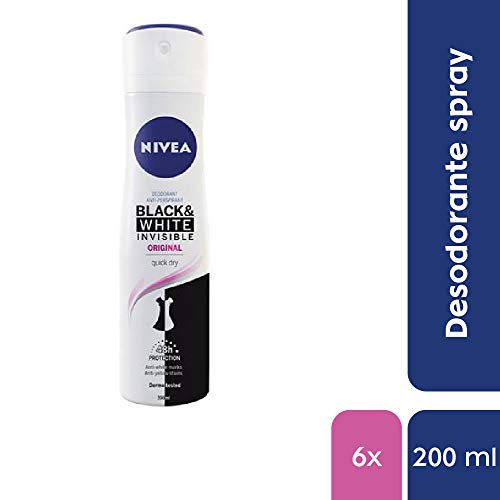 NIVEA Black & White Invisible Original Spray en pack de 6 (6 x 200 ml), desodorante antimanchas de cuidado femenino, desodorante invisible para proteger la piel y la ropa