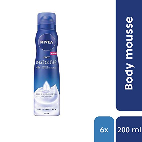 NIVEA Body Mousse Nutritiva, mousse con sérum hidratante para piel seca y muy seca, mousse corporal de rápida absorción con aceite de almendras - pack de 6 x 200 ml