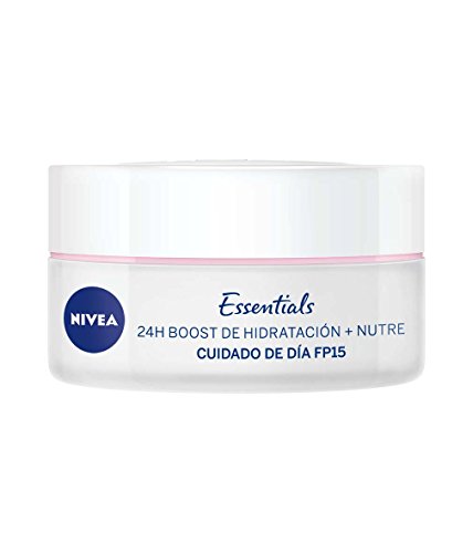 NIVEA Cuidado de Día Nutritivo (1 x 50 ml), crema facial con protector solar 15 y protección UVA, crema de día de cuidado esencial para piel seca, 24h boost hidratación