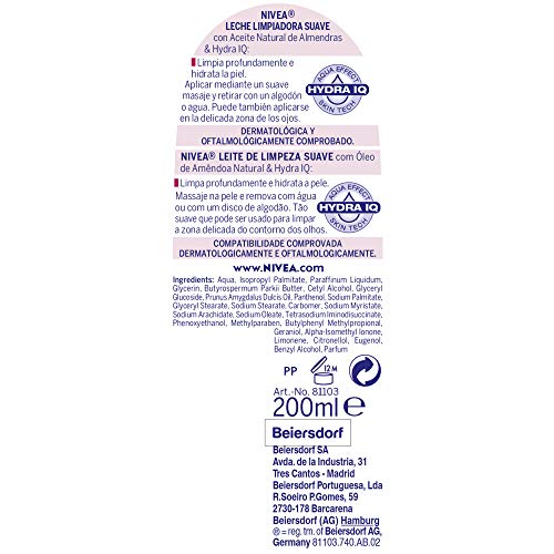 NIVEA Leche Limpiadora Suave (1 x 200 ml), limpiador facial con aceite de almendras, leche hidratante para piel seca y sensible