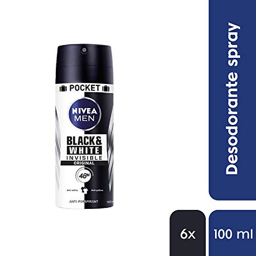 NIVEA MEN Black & White Invisible Spray Pocket, desodorante antimanchas con protección 48 h, desodorante antitranspirante para cuidado masculino - pack de 6 x 100 ml